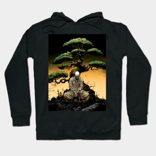 Tranquility in Chaos: Meditating Under the Japanese Bonsai Tree on a Dark Background Hoodie